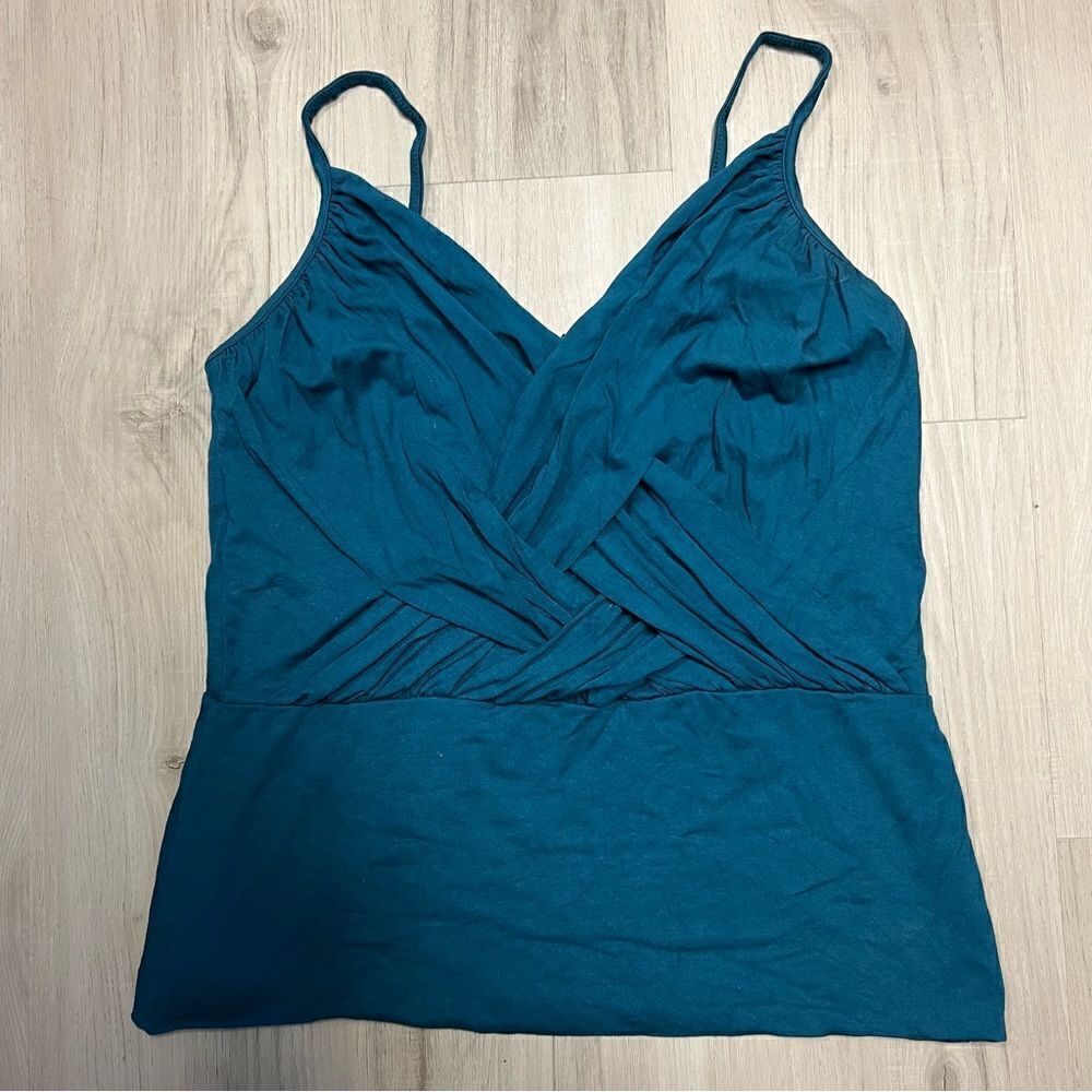 EUC Marciano teal v neck tank sz L ruching at front